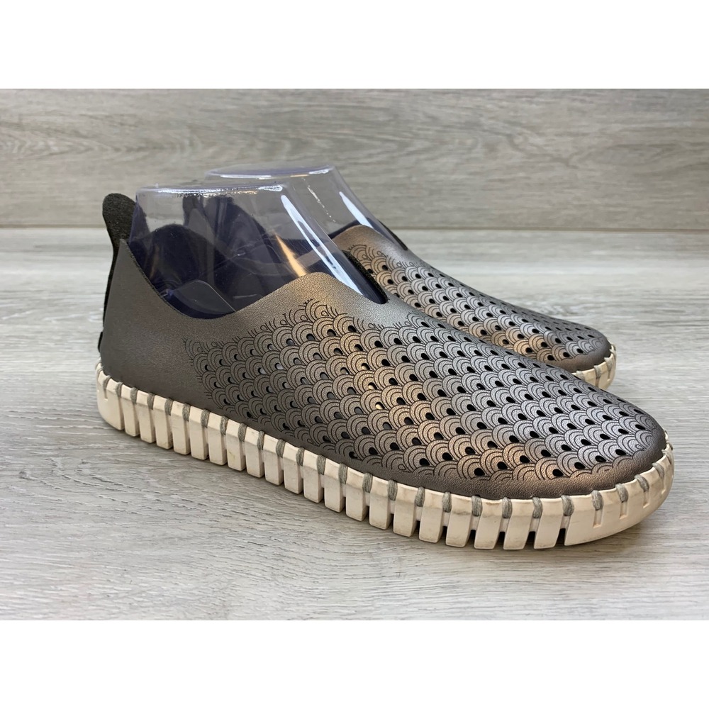 Ilse Jacobsen Tulip Metallic Pewter Laser Cut Slip On Flats 7 Comfort Shoes